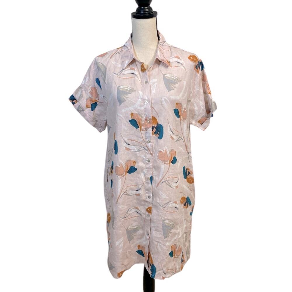 Rachel Zoe Blush Floral Knee Length Linen Shirt Dress Large